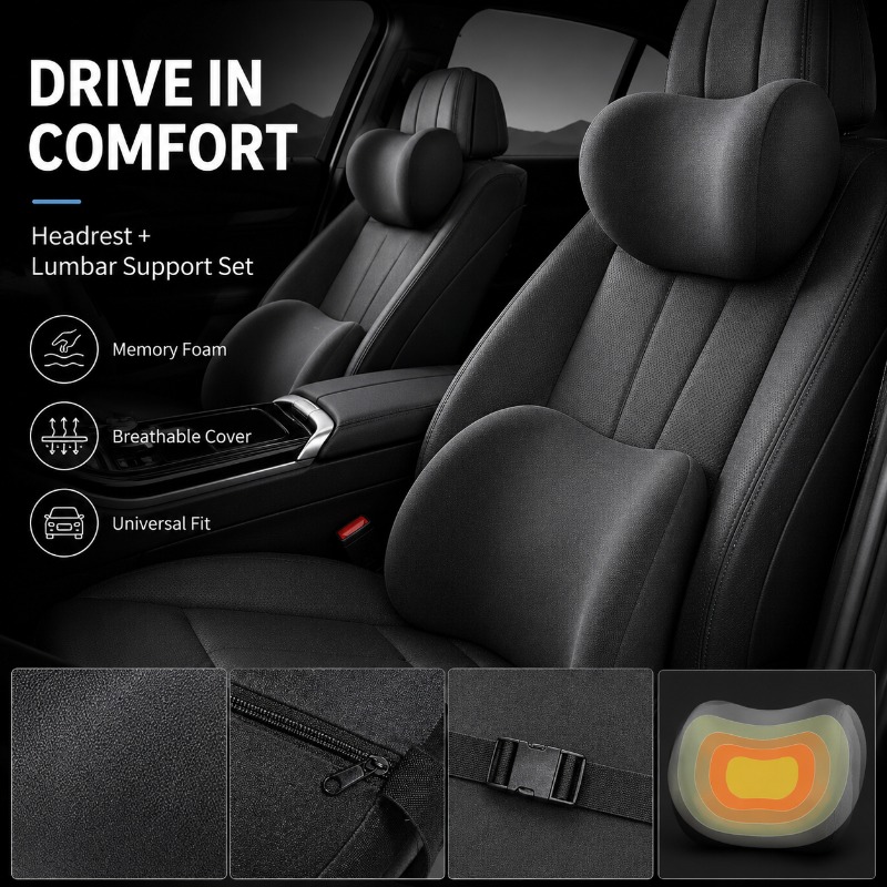 Memory Foam Car Neck Pillow Lumbar Support - Juego de Almohada para Reposacabezas de